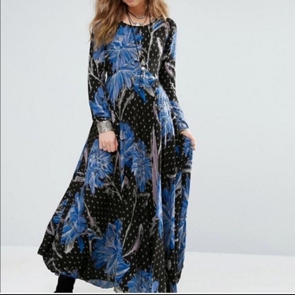 Free People Black Maxi Dress with Blue Floral Print